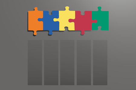 Five colorful puzzle pieces are connected. Under them are empty vertically dark grey rectangles. All is on the grey gradient background with lightのイラスト素材