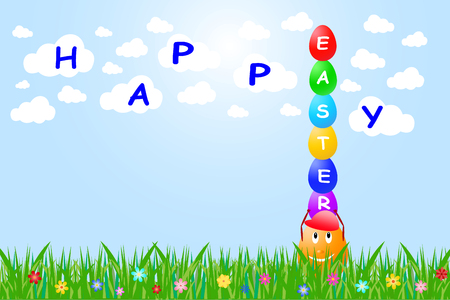 Smiling egg with red hat is standing in the grass with flowers. Wearing holds another colorful eggs with the word Easter. In the sky are clouds with the words Happy.のイラスト素材