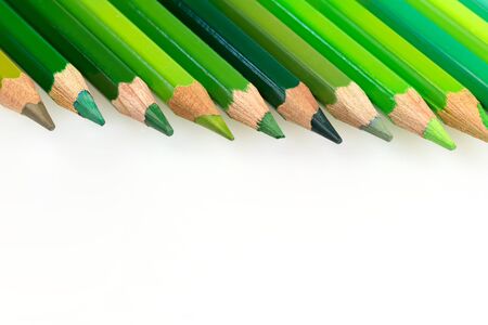 Crayons of different shades of green with copy space are lying  in the upper edge of the photo.の写真素材