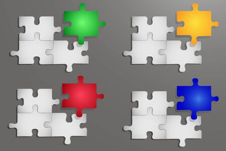 Notice board of three white gradient puzzle pieces and one gradient color piece. All is on the grey gradient background with lightの写真素材