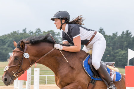SVEBOHOV, CZECH REPUBLIC - AUG 20: Closeup side view of horsewoman jumping a brown horse at...
