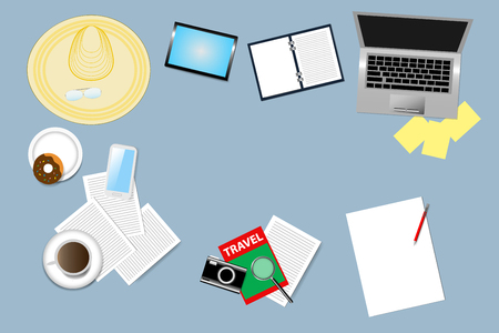 Top view of the office table with objects needed for holiday planning. The place for your text is in the middle of the vectorのイラスト素材