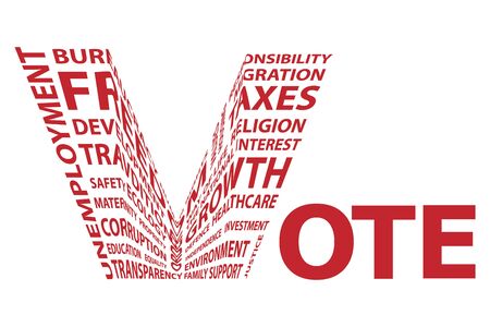 Global political pre-election themes and promises word collage in V letter on white background. Illustration with different association terms.のイラスト素材