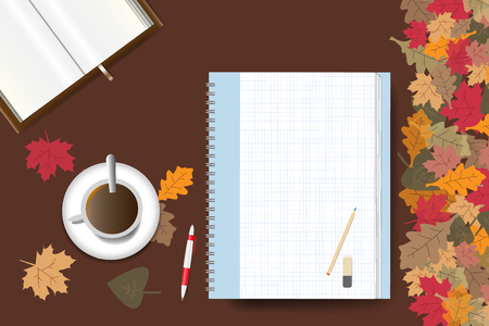 Cup of coffee, part of an open book and a blank notepad ready for your text are lying on a brown wooden table. The edge forms colorful autumn leaves.のイラスト素材