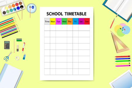 Horizontally oriented vector with school timetable surrounded by school equipment on the yellow backgroundのイラスト素材