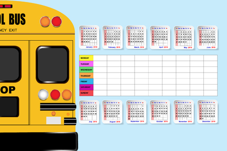 School bus in the left side of the vector with annual calendar and weekly schedule tableのイラスト素材