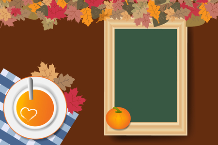 Top view of pumpkin soap with heart of cream is on a brown background. Next to the pumpkin soap is empty green chalkboard  ready for your text. The top edge of the vector is ribbed with colorful autumnal leaves.のイラスト素材