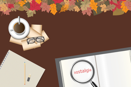 Empty open book with the inscription of nostalgia magnified under magnifying glass, glasses, old blank photos and cup of coffee are lying on the brown background.のイラスト素材