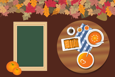 Top view on the rounded wooden table with pumpkin menu.  Next to the table is empty green chalkboard  ready for your text. The top edge of the vector is ribbed with colorful autumnal leaves. のイラスト素材