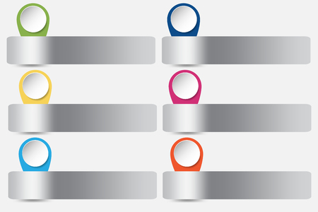 Six silver metallic rectangles with slided white circles with colorful edges ready for your textのイラスト素材