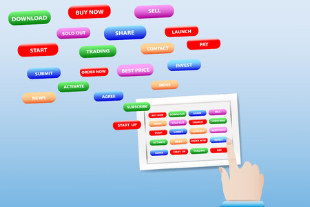 View of the hands holding tablet and touching buttons on the screen. Another buttons are flying out to the sky. のイラスト素材