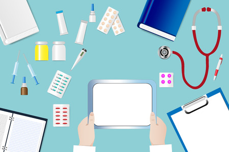 Top view of a medical table with doctor's hands holding blank tablet ready for your text. のイラスト素材
