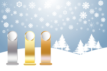 Golden, Silver and Bronzed Sports Rank ready for your text in winter snow landscape with trees and snowflakesのイラスト素材