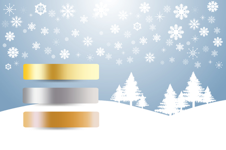 Sports Rank as a golden, silver and bronzed labels in winter snow landscape with trees and snowflakesのイラスト素材