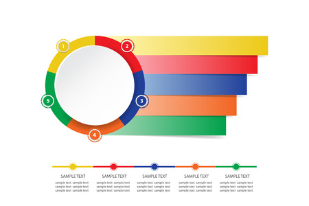 Colorful modern infographic labels as a a circle divided into five sections and rectangles ready for your text. You can use the timeline below.のイラスト素材