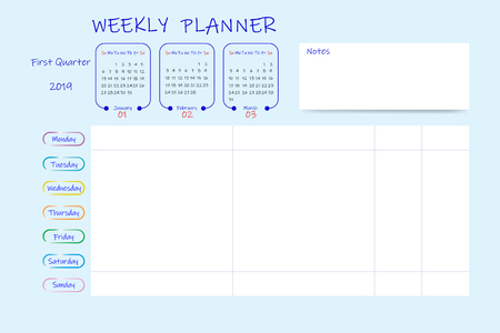 Calendar for first quarter of 2019 year with weekly planner chart and blank label for notes. Week start Sunday.のイラスト素材