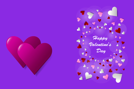 Love theme vector showing two pink hearts in the left side of the vector. Many small hearts with sign Happy Valentines Day are in the right side. All is on the purple background.のイラスト素材