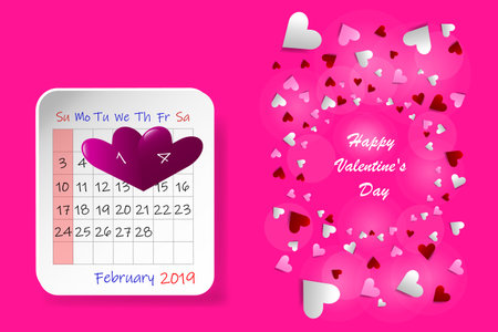 Happy Valentine's Day vector with February calendar sheet. All is on a trendy pink background.のイラスト素材