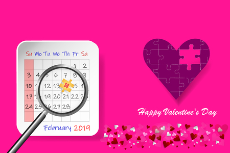 Valentine's Day vector with puzzle pink heart in the right side of the vector. Calendar sheet with magnifying glass showing number 14 is on the left side. All is on a trendy pink backgroundのイラスト素材