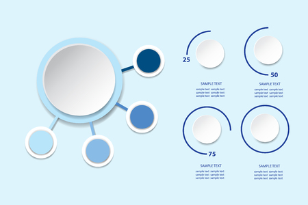 Infographic as blank circle with four blank circles around and circles showing quarter, half, three quarters, and full result of performance.のイラスト素材