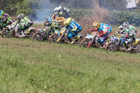 BREZOVA NAD SVITAVOU, CZECH REPUBLIC - JUNE 15, 2019: Qualification training start in International Championship of Czech Republic in Sidecarcross in area Brezovske strane in Brezova nad Svitavou.のeditorial素材