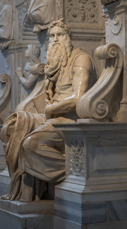 ROME, ITALY - MAY 09, 2018: Famous marble statue of Moses, carved by the Michelangelo Buonarroti in...