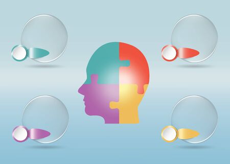 Four puzzle color pieces head in the middle of the vector is surrounded by four transparent balls with color metal labels enable numbering ready for your use as presentation, template, report etc.の写真素材