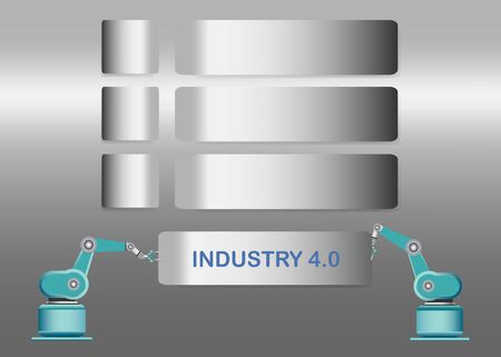 Industry 4.0 Smart factory concept showing three blank silver metal labels and robots holding a sign Industry 4.0.の写真素材