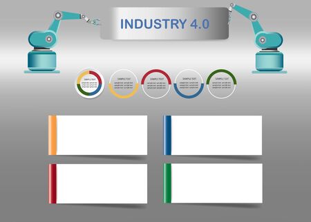 Smart factory concept showing color timeline, four blank white labels and robots holding a sign Industry 4.0 on assembly line in factory interior. の写真素材