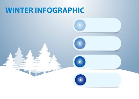 Winter infographic of four blank light blue labels ready for your text. Winter snow landscape with trees is in the background.のイラスト素材