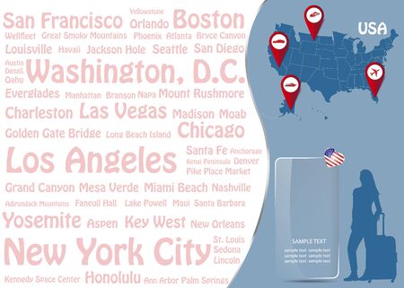 Travel to USA concept with map of USA, silhouette of tourist woman and transparent rectangle ready for your text.  Names of the most famous destinations forms background.のイラスト素材
