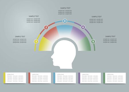 The man's head silhouette with colorful semicircle above and five blank labels below ready for your textのイラスト素材