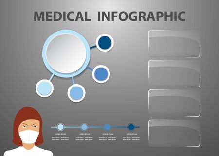 Medical infographic showing doctor with medical mask and four transparent glass horizontal labels ready for your text.の写真素材