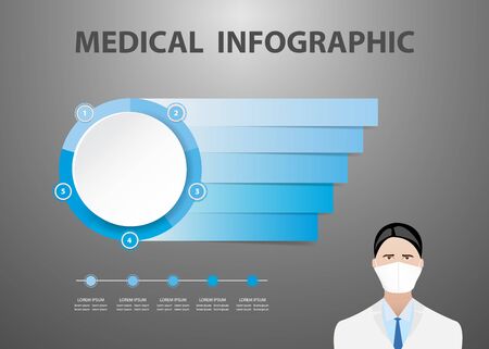 Medical infographic showing doctor with medical mask and one round graph of five pieces and five rectangle paper labels ready for your text.の写真素材