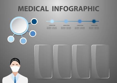 Medical infographic showing doctor with medical mask and four transparent glass vertical labels ready for your text.の写真素材