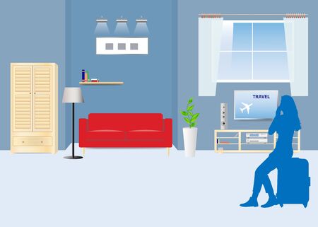 Ready to travel concept vector. Silhouette of young woman sitting on suitcase in living room and watching TV with Travel theme.のイラスト素材
