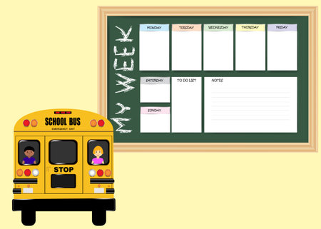 Weekly planner on school blackboard and yellow school bus carrying children.