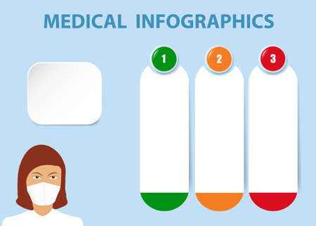Medical infographics showing doctor with medical mask and three vertical white blank paper labels ready for your text.の写真素材