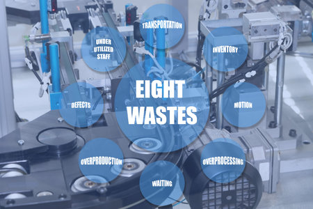 Detailed view of an empty assembly line in the background. Eight Wastes of Lean Management...