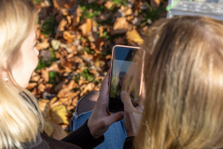 Back ant top view of two young women looking at photo in smart phone sitting in autumn park.