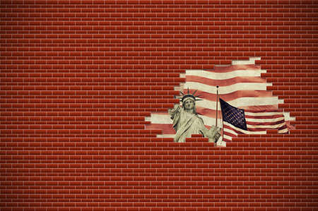 Statue of Liberty and American Flag in a hole in a brick wall. Freedom  concept. Horizontally.の写真素材