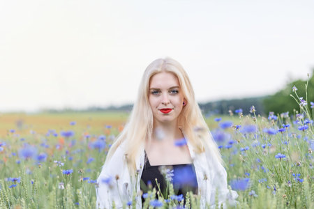 Front view portrait of attractive blonde woman in cornflower meadow. Horizontally.の写真素材