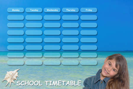 School planner concept on a sea theme. Little tanned girl is smiling on timetable.の写真素材