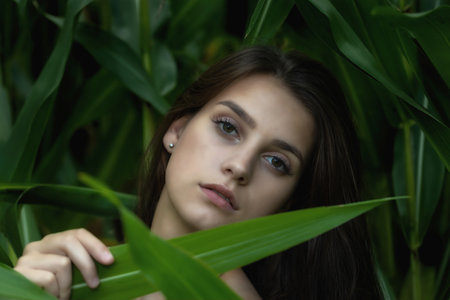 Brunette young woman is hiding behind the green leaves of the plant. Horizontally.の写真素材