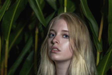 Blonde young woman poses outdoors closeup. Horizontally.の写真素材