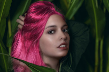Young pink hair woman poses among the green plants. Horizontally.の写真素材