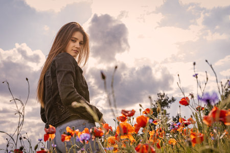 Atractive long haired  brunette young woman is looking over her shoulder at the camera in a field of red poppies. The photo is edited as a cinema photo.の写真素材
