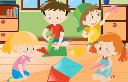 Boys and girls folding paper in room illustrationのイラスト素材