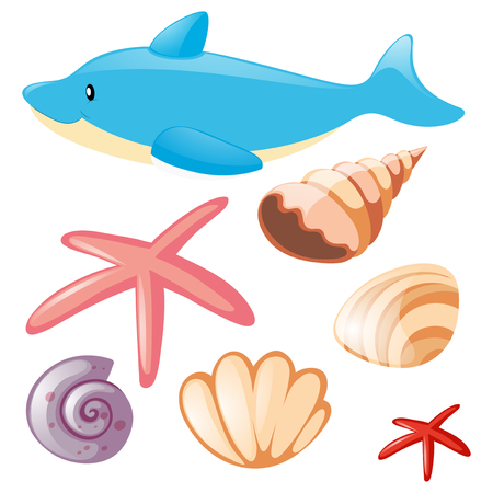 Sea set with dolphin and seashells illustrationのイラスト素材
