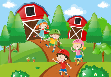 Kids rollerskating in farmyard illustrationのイラスト素材